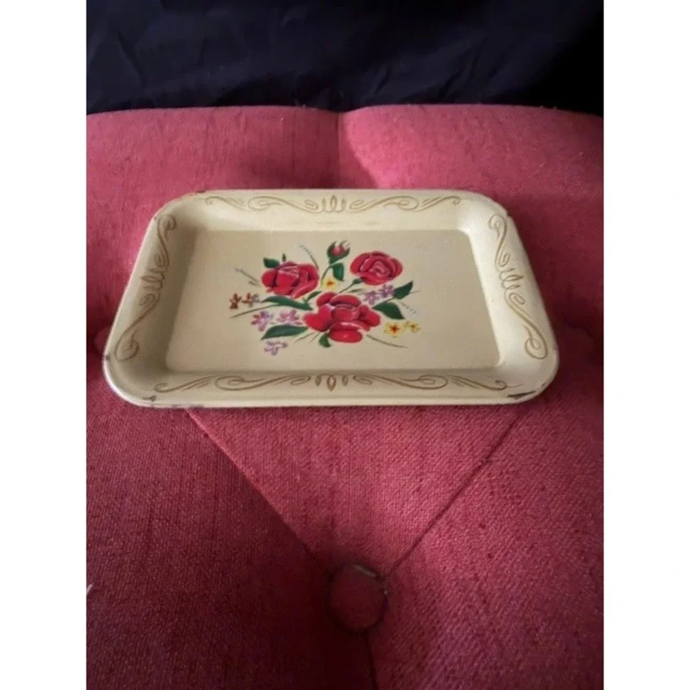 Vintage Metal Trinket Tray Red Rose Floral Hand Painted Jewelry Dish Catchall